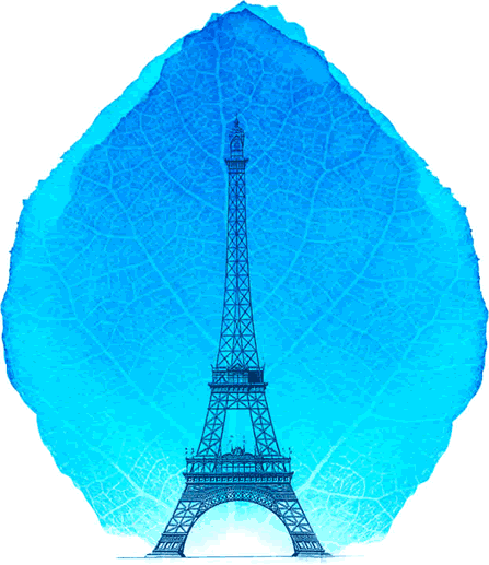 artwork depicting a silhouette of the Eiffel tower superimposed over a leaf